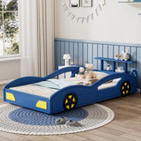 ZNTS Wooden Race Car Bed,Car-Shaped Platform Twin Bed with Wheels For Teens,Blue & Yellow WF310553AAC