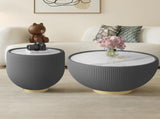 Modern Round Sintered stone Pattern Tabletop Leather Edge Sofa End Table with Metal Base,Luxurious W3081P309606