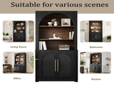70.87" Black Bookcase, Modern Bookshelf with Large Storage Cabinet, Open Display Shelves and Arched N751P488908B