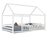 Full Size Floor Wooden Bed with House Roof Frame, Fence Guardrails,White W1858P389981