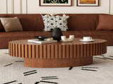 Oval Coffee Table Handcrafted Relief Sturdy Pedestal Wooden Olive-Shaped Tea Table for Living Room W3081P255090