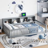 Wood Twin XL Size Floor Bed with Storage Cabinets and USB Ports, Gray N709P205811E