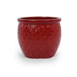 Handmade Ceramic Flower Pot Set of 3, 15/12/10 Inch Diameter, Deep Red with Floral Embossed Pattern, W3273P321489