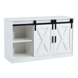 White decorative wooden TV / storage cabinet with two sliding barn doors, available for bedroom, 47276471
