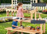 Natural Wooden Kids Mud Kitchen Playset with Bench & Removable Sink, Complete Cookware Accessories 66519414