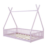 Twin Size Wood House Bed with Fence, Pink 82766186