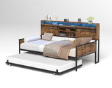 Twin Daybed with Trundle, Farmhouse Daybed Frame with Sliding Barn Door Headboard and Charging W2129P299618