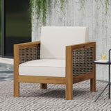 Outdoor Acacia Wood Club Chair with Wicker Accents, Teak Finish Mixed Brown Beige, 30.25"D x 68942.00BGE