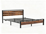 King Size Metal Wood Platform Bed Frame, 3-Panel Fire Burnt Brown Wood Grain Headboard with LED 14182096