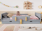 Full Size Platform Bed with Storage Drawers, Solid Wood Beds Frame with Bed Guardrail, Small Shelf, W1580P373246