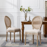 French Style Solid Wood Frame Linen Fabric Rattan Back Dining Chair,Set of 2,Cream W162278980