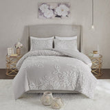 3 Piece Tufted Cotton Chenille Floral Comforter Set Warm Grey/White King/Cal King B035128914