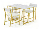 Bar Table and Stool Set 1 Table 2 Stools, White Marble Pattern MDF Tabletop & Gold Metal Frame, 19492848