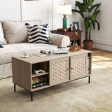 Elegant Veener Weaving Design Coffee Table with 4 Sliding Door, Wooden Center Rectangular Table with W2557P206923