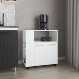 FM FURNITURE Linden Kitchen Cart with Microwave Shelf. Open Storage. and Two-Door Cabinet. White B128P283298