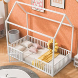 Twin Size Metal House Bed with Fence and Door, White MF315932AAK