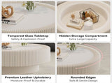 31.5" Fluted Round Storage Table - Tempered Glass Top & Premium Leather Wrapped, Modern White W3158P450848