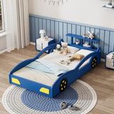 ZNTS Wooden Race Car Bed,Car-Shaped Platform Twin Bed with Wheels For Teens,Blue & Yellow WF310553AAC