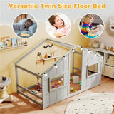Twin-Size Kids House Gray Floor Bed- 82"x42"x51" Size, LED Light Strip for Cozy 32100376