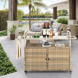 Outdoor Bar Table, Wicker Bar Cart with Cabinet, Patio Serving Cart with steel Top, with one ice W640P253278