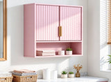 Pink 3-Tier Double-Door Bathroom Wall Cabinet with Melamine-Faced MDF and Slatted Design 19173669