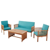 ZNTS Outdoor Acacia Wood Sofa Set with Water Resistant Cushions, 4-Pcs Set, Brown Patina / Teal 59116.00T