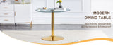A 35-inch diameter glass top and a modern, minimalist round dining table with gold metal legs. Ideal W1151P263755