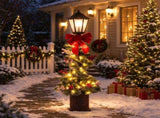 4FT Snow Flocked Christmas Lamp Post with 50 Warm White LED Lights, Large Red Bow & Pine Cones, 06658502