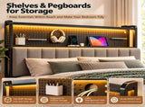 King Size Headboard with Pegboard Storage Shelf, Adjustable Upholstered Backrest, RGB LED Light 47995855