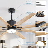 ZNTS 76 Inch Ceiling Fan with Lights Remote Control 8 Solid Wood Blades with 18W Dimmable LED Light W934P150062