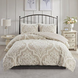 3 piece Tufted Cotton Chenille Damask Comforter Set Taupe Full/Queen B03597173