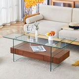 ZNTS 43.3 Inch Modern Two-Tier Coffee Table - Clear Tempered Glass and Dark Wood Grain, Multifunctional W1151P232626