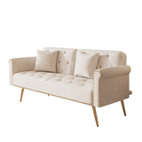 A 69.7-inch-long sofa bed covered in beige velvet fabric, featuring nail head trim and accompanied W3356P298442
