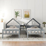 Double Twin Size Platform Bed with House-shaped Headboard and a Built-in Nightstand, Grey WF306928AAE