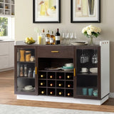 Double Glass Door with Single Drawer and 12-Bottle Wine Rack Sideboard in Black Frame White-Brown 64021820