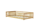 Twin Size Floor Bed with Fence and Door,Rubber Wood Floor Bed with Safety Guardrails,Natural 22789495