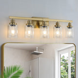 Golden 5-Light Vanity Light with Clear Glass Shades, Modern Iron Metal Bathroom Wall Fixture for W1340P206690