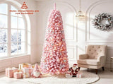 7 FT Pink Flocked PreLit Pencil Christmas Tree, 523 Branch Tips Artificial Fir Tree with 190 Warm 88157828