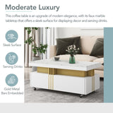 ON-TREND Contemporary Coffee Table with Faux Marble Top, Rectangle Cocktail Table with Caster WF305961AAK