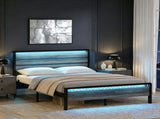 King Size Metal Wood Platform Bed Frame, 3-Panel Wash Grey Wood Grain Headboard with LED Light & 86125033