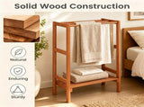 Natural Hardwood Towel Rack, Freestanding Blanket Stand with 3 Hanging Bars & Bottom Storage Shelf, 78960066