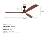 72 Inch Ceiling Fan with LED Light, 3Blade Black Walnut Wooden Fan, DC Motor, 6Speed & 1/4/8H W3816P585758