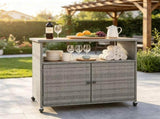 Outdoor Wicker Storage Cabinet, Solid Acacia Wood Patio Bar Cart with Lockable Universal Wheels, 70797821