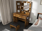 Vanity Table with Mirror & Adjustable LED Lights, Power Outlet, Hairdryer Holder & Stool Compact 18725352