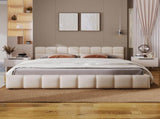 Elegant Beige Chenille Upholstered Bed with Checkerboard Design, King, Beige N769P264802A