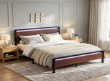 Queen Size Metal Wood Platform Bed Frame, 3-Panel Reddish Brown Wood Grain Headboard with LED Light 45520408