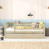 Full Size Wood Daybed with Trundle and Fence Guardrails, Natural WF301863AAN