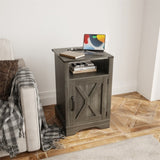 ZNTS Modern Dark Grey Wood Tall Cabinet Small Nightstand Bed Side Table With Charging Station Living Room W1828137427