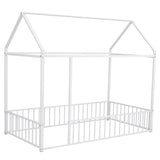 Twin Size Metal Bed House Bed Frame with Fence, for Kids, Teens, Girls, Boys, White MF304315AAK