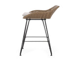 29.25" Outdoor Wicker and Iron Low Back Barstools, Brown, with Beige Cushion N772P528606L